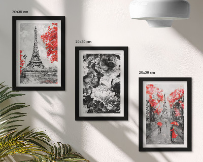 Conjunto de 3 quadros decorativos Pinturas da Torre Eiffel em tons de cinza com detalhes em vermelho.