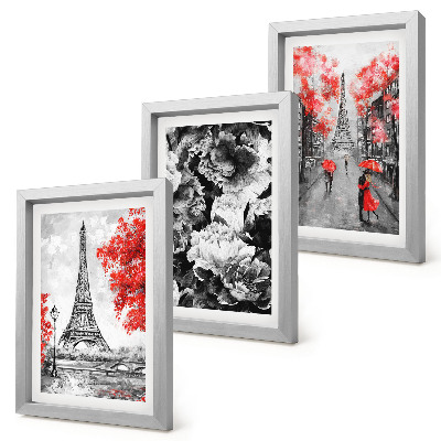 Conjunto de 3 quadros decorativos Pinturas da Torre Eiffel em tons de cinza com detalhes em vermelho.