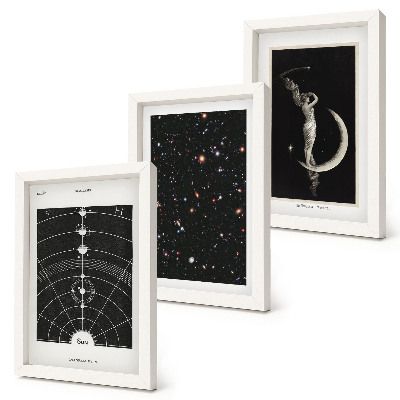 Conjunto de 3 quadros decorativos Sistema solar, galáxia, figura noturna na lua