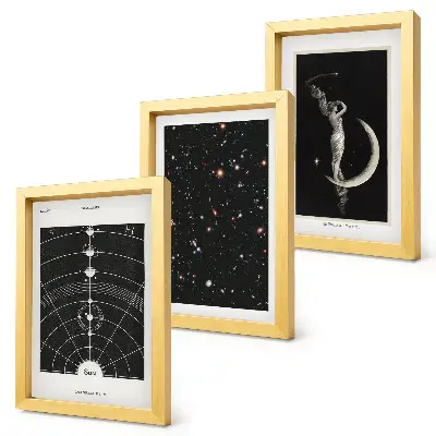 Conjunto de 3 quadros decorativos com tema de sistema solar, galáxia e figura noturna na lua