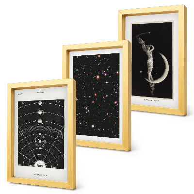 Conjunto de 3 quadros decorativos Sistema solar, galáxia, figura noturna na lua