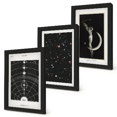 Conjunto de 3 quadros decorativos com tema de sistema solar, galáxia e figura noturna na lua