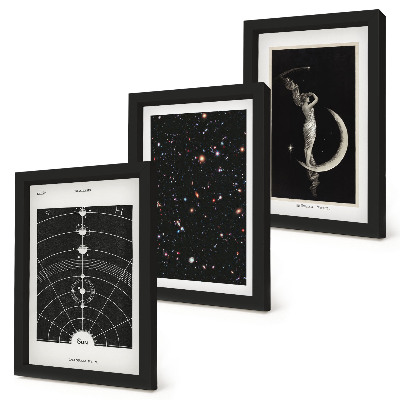 Conjunto de 3 quadros decorativos Sistema solar, galáxia, figura noturna na lua