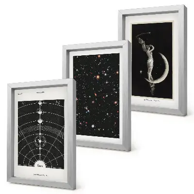 Conjunto de 3 quadros decorativos com tema de sistema solar, galáxia e figura noturna na lua
