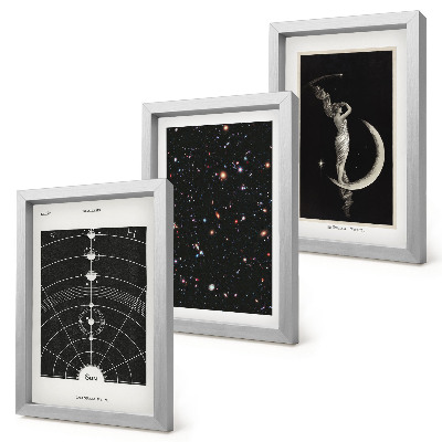 Conjunto de 3 quadros decorativos Sistema solar, galáxia, figura noturna na lua
