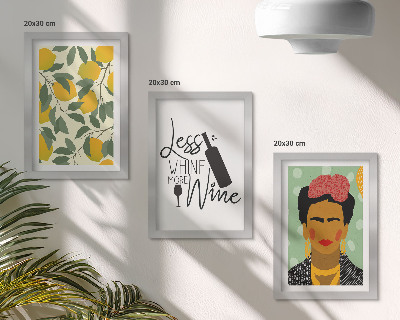 Conjunto de molduras com imagens Slogan da Lemons sobre vinho, retrato de Frida Kahlo