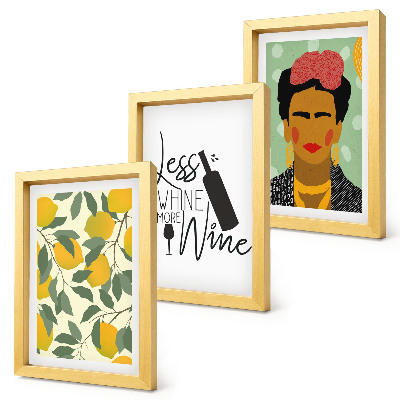 Conjunto de molduras com imagens Slogan da Lemons sobre vinho, retrato de Frida Kahlo
