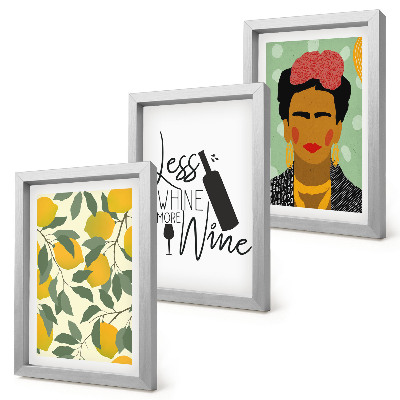 Conjunto de molduras com imagens Slogan da Lemons sobre vinho, retrato de Frida Kahlo