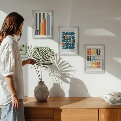 Pôsteres com padrões geométricos em estilo Bauhaus tríptico com moldura