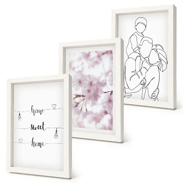 Conjunto de 3 quadros decorativos com design minimalista de flores e família