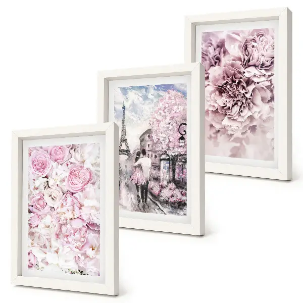 Conjunto de quadros com imagens flores em tons de rosa com paisagem romântica
