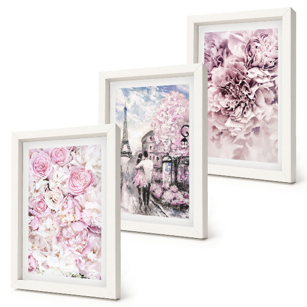 Conjunto de molduras com imagens Flores em tons de rosa, paisagem romântica