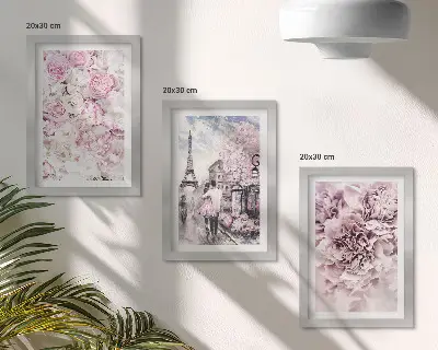 Conjunto de quadros com imagens flores em tons de rosa com paisagem romântica