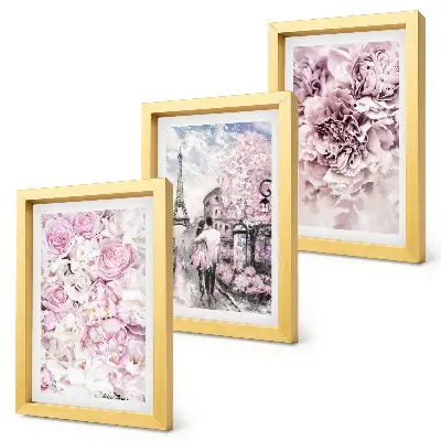 Conjunto de quadros com imagens flores em tons de rosa com paisagem romântica