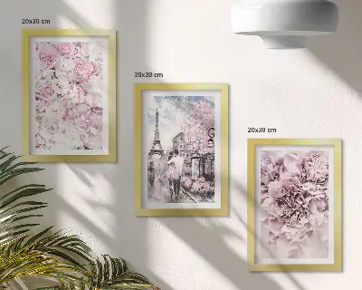 Conjunto de quadros com imagens flores em tons de rosa com paisagem romântica