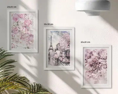Conjunto de quadros com imagens flores em tons de rosa com paisagem romântica