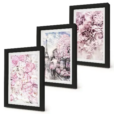 Conjunto de quadros com imagens flores em tons de rosa com paisagem romântica