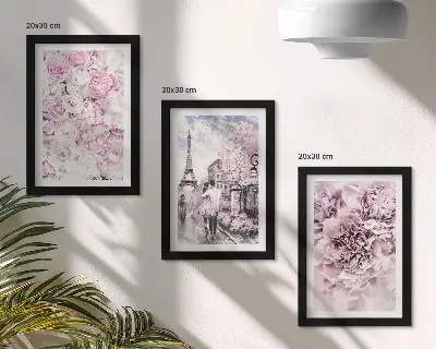 Conjunto de quadros com imagens flores em tons de rosa com paisagem romântica
