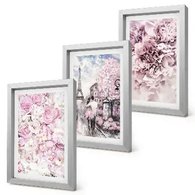 Conjunto de quadros com imagens flores em tons de rosa com paisagem romântica