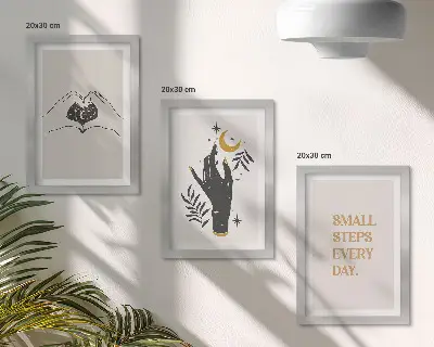 Tríptico com moldura ilustrações minimalistas com inspiração boho