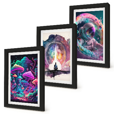Tríptico com moldura Ilustrações coloridas em estilo de arte fantástica