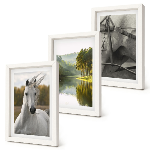 Conjunto de 3 quadros decorativos Cavalos brancos à beira do rio, paisagem natural
