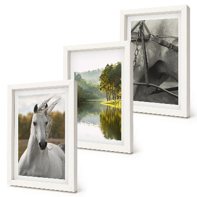 Conjunto de 3 quadros decorativos Cavalos brancos à beira do rio, paisagem natural