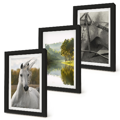 Conjunto de 3 quadros decorativos Cavalos brancos à beira do rio, paisagem natural