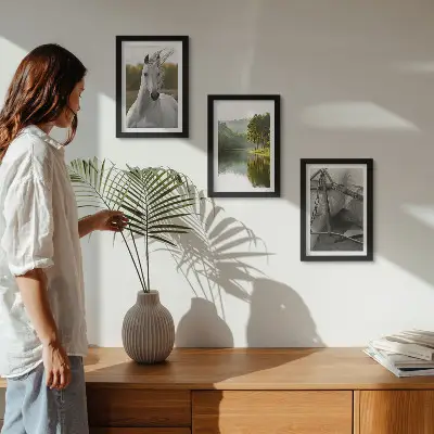Conjunto de 3 quadros decorativos com paisagem natural de cavalos brancos à beira do rio