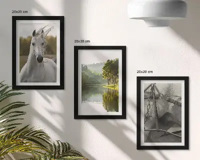 Conjunto de 3 quadros decorativos com paisagem natural de cavalos brancos à beira do rio