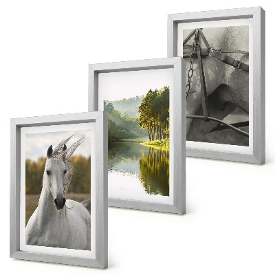 Conjunto de 3 quadros decorativos Cavalos brancos à beira do rio, paisagem natural