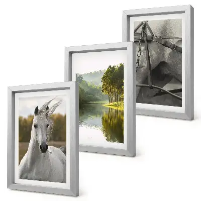 Conjunto de 3 quadros decorativos com paisagem natural de cavalos brancos à beira do rio