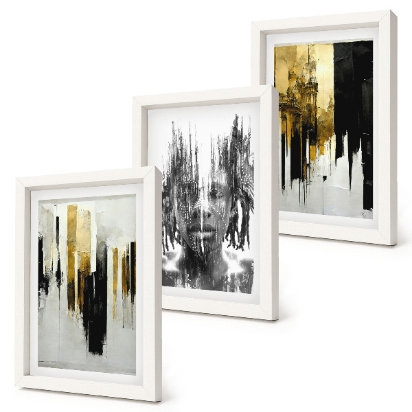 Tríptico com moldura Contrastando abstrações com retratos e arquitetura.