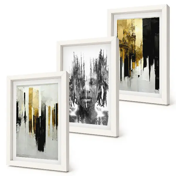 Tríptico com moldura retratos e arquitetura em abstrações contrastantes