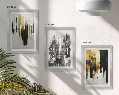 Tríptico com moldura Contrastando abstrações com retratos e arquitetura.