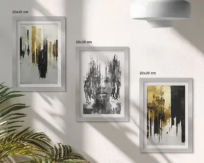 Tríptico com moldura retratos e arquitetura em abstrações contrastantes