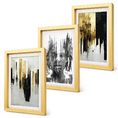 Tríptico com moldura Contrastando abstrações com retratos e arquitetura.