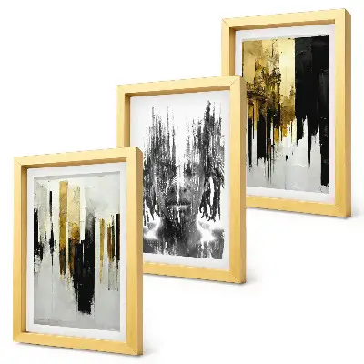 Tríptico com moldura retratos e arquitetura em abstrações contrastantes