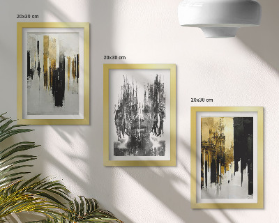 Tríptico com moldura Contrastando abstrações com retratos e arquitetura.
