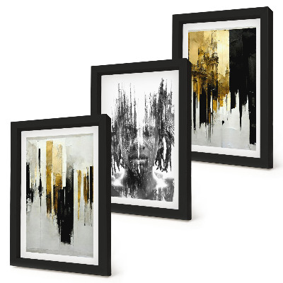 Tríptico com moldura Contrastando abstrações com retratos e arquitetura.