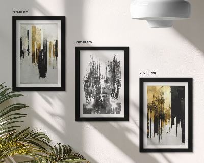 Tríptico com moldura Contrastando abstrações com retratos e arquitetura.