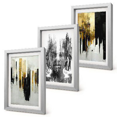 Tríptico com moldura Contrastando abstrações com retratos e arquitetura.