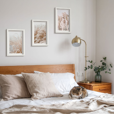 Conjunto de 3 quadros decorativos Campos de grama em delicados tons de marrom e bege.