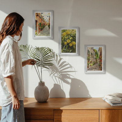 Conjunto de 3 quadros decorativos Ruas encantadoras com flores e limões ao fundo.