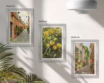 Conjunto de 3 quadros decorativos com estampa de ruas encantadoras adornadas por flores e limões