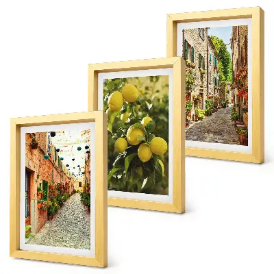 Conjunto de 3 quadros decorativos com estampa de ruas encantadoras adornadas por flores e limões