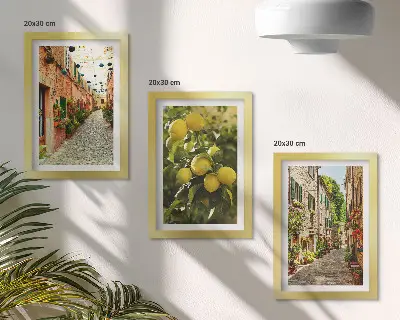 Conjunto de 3 quadros decorativos com estampa de ruas encantadoras adornadas por flores e limões