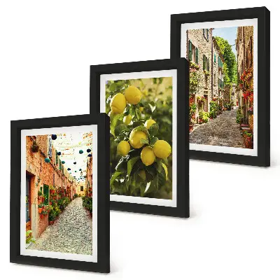 Conjunto de 3 quadros decorativos com estampa de ruas encantadoras adornadas por flores e limões