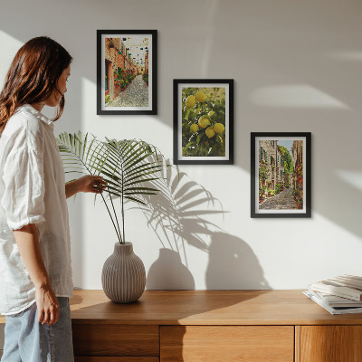 Conjunto de 3 quadros decorativos Ruas encantadoras com flores e limões ao fundo.