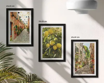 Conjunto de 3 quadros decorativos com estampa de ruas encantadoras adornadas por flores e limões